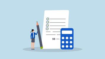 Project cost estimation, 4k animation of Female entrepreneur using a calculator to calculate expenses based on the project document. video