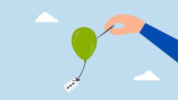 Reduce inflation by increase interest rate, 4k animation of Entrepreneur using a needle to pop a balloon representing inflation with a price tag attached. video