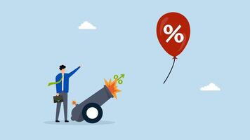 Inflation reduction act by FED, 4k animation of Businessman banker firing interest rate cannon at inflation balloon. video
