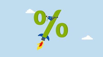 Interest rate rising up, 4k animation of Businessman soaring with rocket booster analogy to illustrate impact of interest rate increase. video