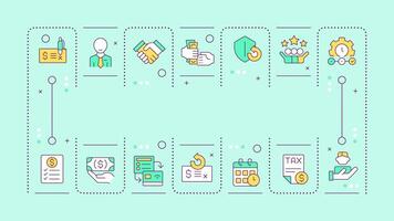 Factoring turquoise word concept. Financial transactions, agreements. Business relations. Typography banner. Illustrationwith title text, editable icons color vector