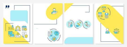 Factoring blue and yellow brochure template. Process, benefits. Leaflet design with linear icons. Editable 4 layouts for presentation, annual reports vector