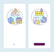 Recourse VS non-recourse factoring onboarding mobile app screen. Walkthrough 2 steps editable graphic instructions with linear concepts. UI, UX, GUI template vector