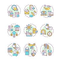 Factoring multi color concept icons. Benefits and operational steps involved in factoring services. Credit protection. Icon pack. Round shape illustrations. Abstract idea vector