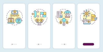 Benefits of factoring onboarding mobile app screen. Walkthrough 4 steps editable graphic instructions with linear concepts. UI, UX, GUI template vector