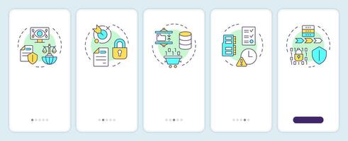 GDPR principles onboarding mobile app screen. Data protection. Walkthrough 5 steps editable graphic instructions with linear concepts. UI, UX, GUI template vector