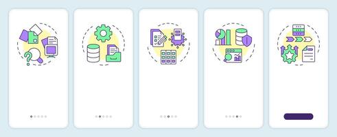Data governance maturity model onboarding mobile app screen. Walkthrough 5 steps editable graphic instructions with linear concepts. UI, UX, GUI template vector