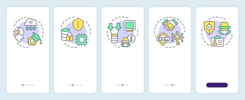 Privacy-enhancing technologies types onboarding mobile app screen. Walkthrough 5 steps editable graphic instructions with linear concepts. UI, UX, GUI template vector