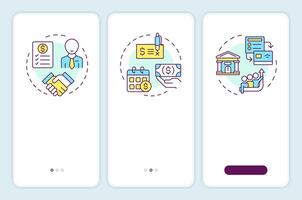 Parties in factoring process onboarding mobile app screen. Walkthrough 3 steps editable graphic instructions with linear concepts. UI, UX, GUI template vector