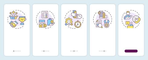 Choosing factoring company onboarding mobile app screen. Walkthrough 5 steps editable graphic instructions with linear concepts. UI, UX, GUI template vector