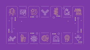 Antibody development purple word concept. Antibody discovery and production. Immunology. Horizontal image. Headline text surrounded by editable outline icons vector