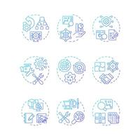 Reengineering blue gradient concept icons. Reverse engineering. Product disassembly, repurposing. Model creation process. Icon pack. Round shape illustrations. Abstract idea vector