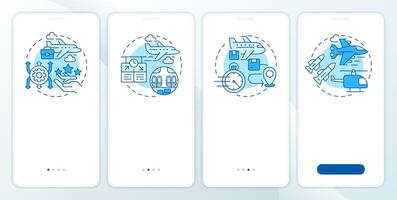 Aircraft categories types blue onboarding mobile app screen. Walkthrough 4 steps editable graphic instructions with linear concepts. UI, UX, GUI template vector