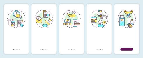 Factoring process phases onboarding mobile app screen. Walkthrough 5 steps editable graphic instructions with linear concepts. UI, UX, GUI template vector