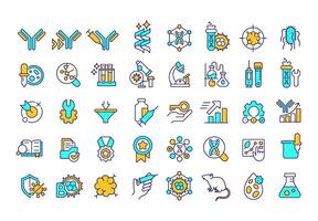 Antibody development RGB color icons set. Stages of research, lab equipment and scientific analysis. Isolated illustrations. Simple filled line drawings collection. Editable stroke vector