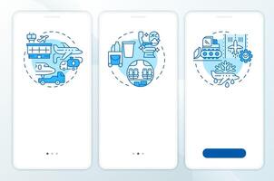 Aircraft ground service blue onboarding mobile app screen. Walkthrough 3 steps editable graphic instructions with linear concepts. UI, UX, GUI template vector
