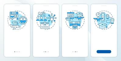 Flight training blue onboarding mobile app screen. Walkthrough 4 steps editable graphic instructions with linear concepts. UI, UX, GUI template vector