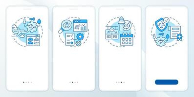 Aviation compliance management blue onboarding mobile app screen. Walkthrough 4 steps editable graphic instructions with linear concepts. UI, UX, GUI template vector
