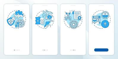 Different aviation services blue onboarding mobile app screen. Walkthrough 4 steps editable graphic instructions with linear concepts. UI, UX, GUI template vector