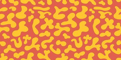 Groovy seamless pattern in retro trippy style. Repeat bright backdrop with abstract liquid color irregular shapes on red background vector