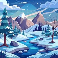 Winter landscape with mountain stream and trees vector