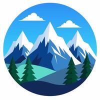 Mountains and trees in a circle with a blue sky vector