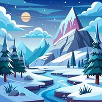 Winter landscape with mountain stream and trees vector