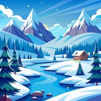 Winter landscape with a cabin and a river vector