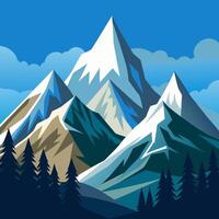 A mountain landscape with snow capped peaks and trees vector