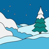 A cartoon illustration of a snowy landscape with a tree in the middle vector