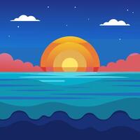 A sunset over the ocean with clouds and waves vector