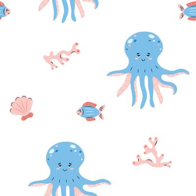 Seamless pattern sea life. Marine animals fish and octopus on white background. illustration.