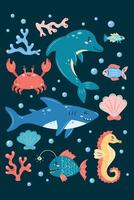 Sea Life Vertical poster with a shark and a dolphin on dark background. Set of sea animals. Characters in children's style. illustration. vector