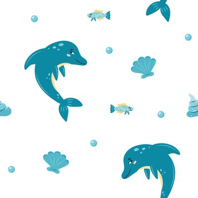 Seamless pattern sea life. Marine animals dolphin and fish on white background. illustration.