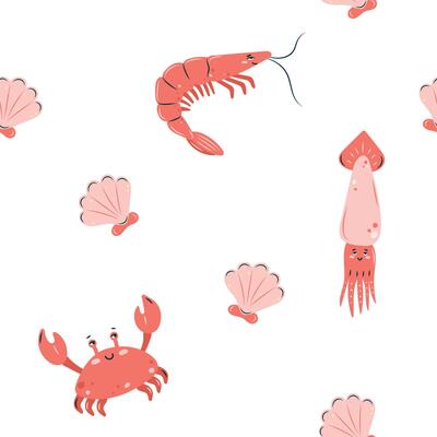 Seamless pattern sea life. Marine animals shrimp, crab and squid on white background. illustration.