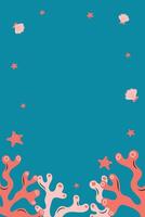 Rectangular sea frame with corals at the bottom. Red corals and turquoise background. For postcards and posters. illustration. vector