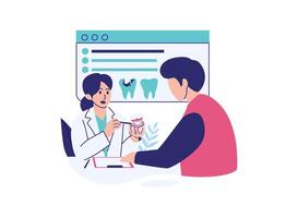 A dentist points to a diagram, explaining the different parts of a tooth. vector