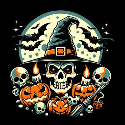 halloween skull with witch hat and pumpkins