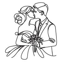 One continuous single line of bride and groom outline doodle style on white background vector