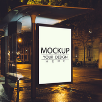 Mock up of light box on the bus stop At Night psd