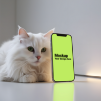 White Cat with Smartphone Mockup on Minimalistic Background psd