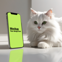 Elegant smartphone mockup next to a white cat on a minimalistic background psd