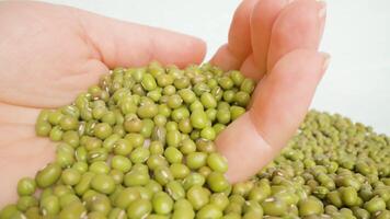 Handful of bright green peas in palm put on heap macro video