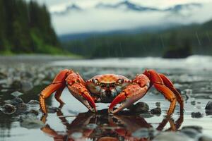 Large crab standing on rocks by ocean with mountains in background photo