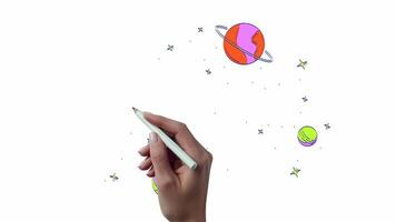 Floating planets and blinking stars in outer space hand drawn 2D object animation. Deep cosmos cartoon doodle 4K . Celestial bodies. Universe sky animated handdrawn element isolated on white video