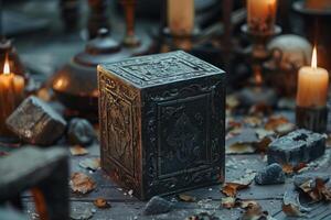 Ancient chest resting on table surrounded by candles and ritualistic items photo