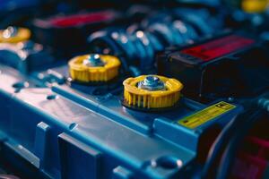 Close up of car battery terminals showing positive and negative connections photo