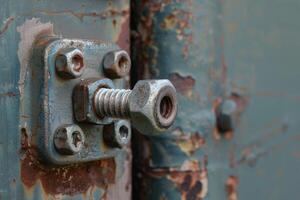 Rusty locking bolt securing metal plate on old weathered door photo