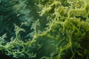 Green seaweed floating in water with tiny bubbles forming on surface photo