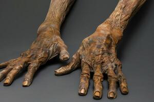 Pair of old weathered hands resting on a dark background photo